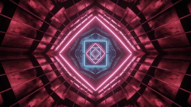Neon geometric tunnel shapes a shifting octagonal visual grid. This glowing tunnel guides viewers into dark virtual space. Enter an immersive tunnel designed for technology.