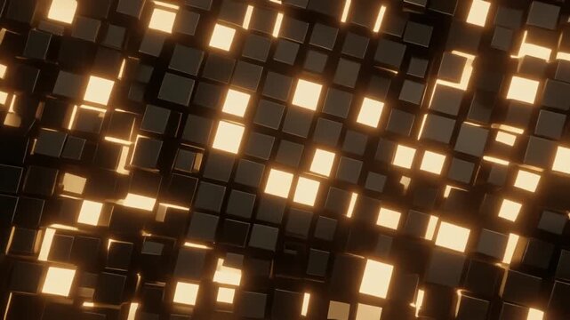 Golden cubes glow randomly across a dark textured grid background surface layout. Geometric cubes blink to create an elegant tech pattern. Watch metallic cubes catch light.