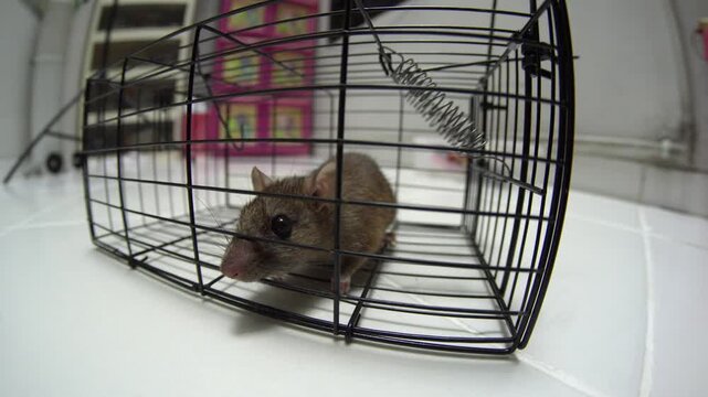 Rat trapped in a cage. Fisheye angle view