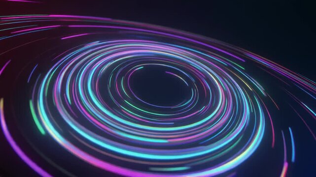 Swirling neon trails form a dynamic cosmic energy vortex pattern over dark space. This light trails backdrop creates rapid motion. Track glowing trails as they twist around.
