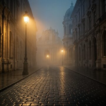 A solitary street lamp casts a pool of warm, ethereal light onto a cobblestone path