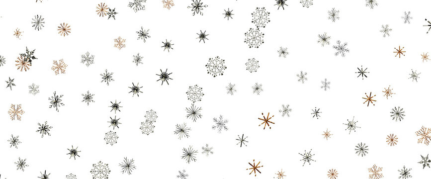 Abstract festive winter snow design with diverse snowflake shapes.