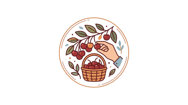 Hand picking fresh cherries into a woven basket, illustration