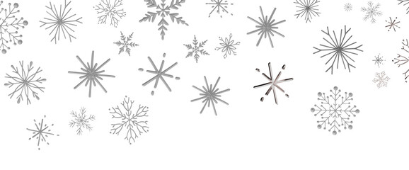 Fototapeta premium Elegant silver snowflakes are scattered across a clean white background.