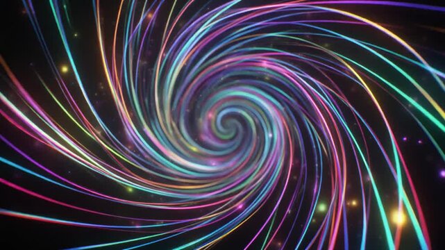 Cosmic swirling vortex draws glowing stardust trails into a deep space vacuum center. This colorful vortex loops seamlessly. Explore a stellar vortex spinning in a galaxy.