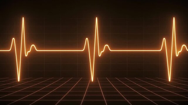 Neon heartbeat line pulses steadily across a dark diagnostic monitor grid layout screen. This vital heartbeat wave tracks life signs. Monitor a digital heartbeat rhythm graphic.
