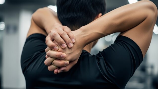 Fitness - Asian Man Stretching Arms Behind Back in Gym Wearing Black Compression Shirt Close Up