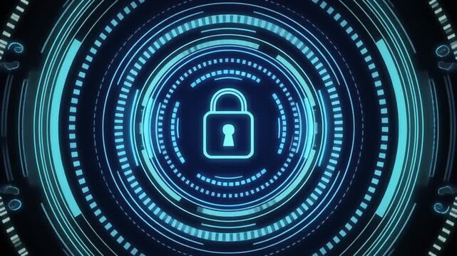 Circular interface surrounds a digital network security padlock graphic on a tech layout. This control interface monitors user permissions. Access an advanced system interface.