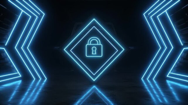 Dark chamber reflects a glowing neon lock symbol on its polished virtual floor layout. This secure chamber keeps classified corporate servers safe. Enter a high tech chamber.