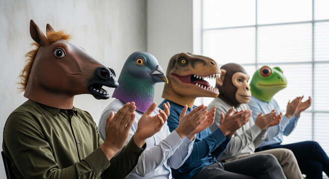 People wearing animal masks (horse, pigeon, dinosaur, monkey, frog) and clapping, representing a bizarre or humorous meeting, symbolizing conformity or absurdity.