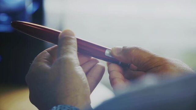 a close-up of both human hands holding an automatic insulin pen is captured