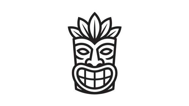 Mask Icon with Tiki Face Design and Leaf Headdress, Black and White Tribal Style for Avatars, Logos, and Decoration