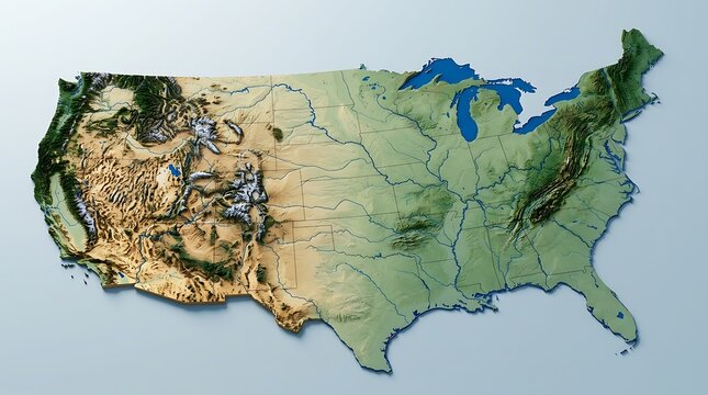 Topographic map of the united states with terrain features and water bodies