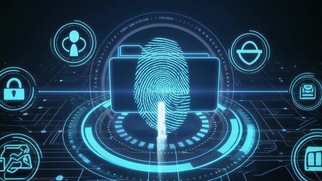 Fingerprint scanner validates user identity next to secure digital database file folders. This biometric fingerprint verification safeguards logs. Scan a corporate fingerprint.