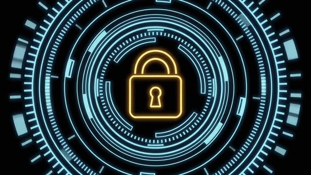 Padlock icon changes color inside a dynamic digital hud network verification screen layout. This central padlock asset visualizes system access approval. Track a secure padlock.