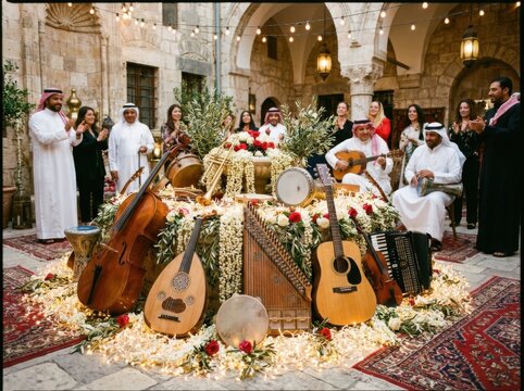 Cultural musical gathering with traditional and western instruments in a historic courtyard setting