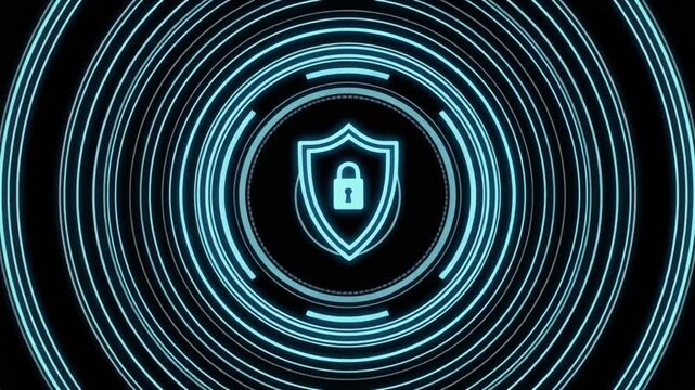 Shield icon pulses inside glowing concentric neon rings on a dark studio backdrop layout. This cyber shield design element represents data security. Display a protective shield.