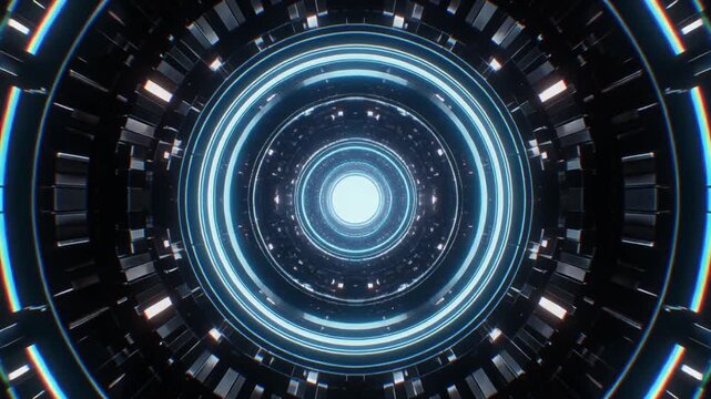 Circular tunnel features intricate neon geometric patterns and brilliant light reflection. This cyber tunnel corridor loops for abstract backgrounds. Travel into a tech tunnel.