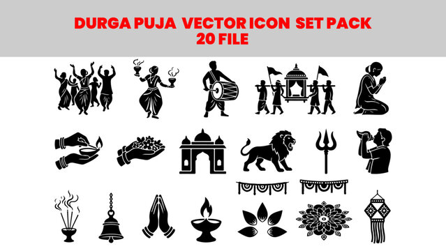 Durga puja vector icon set pack with 20 files for festival celebrations and cultural designs