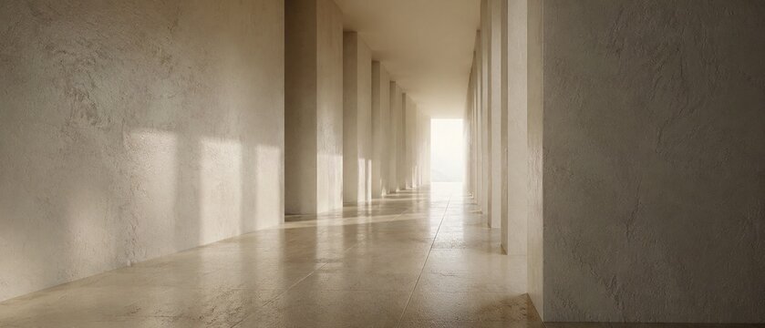 Minimal Architectural Corridor with Natural Window Light and Soft Shadow Patterns