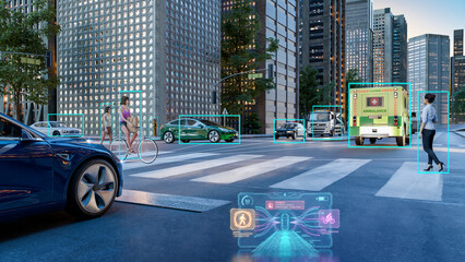 3D render of an Autonomous Electric Vehicle Interior with AI Object Detection in a Smart City © karelnoppe