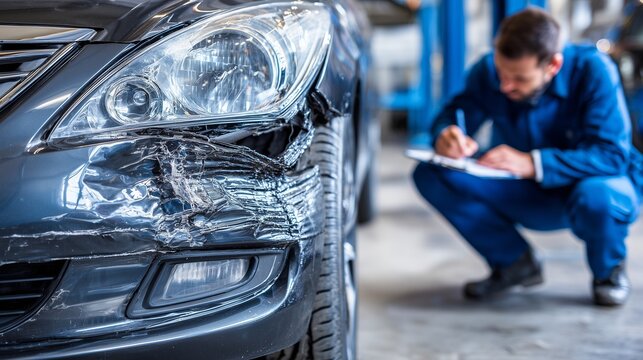Damaged car front end with crushed bumper and headlight while mechanic records repair for insurance claim after collision.