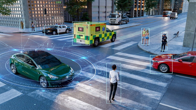 3D render of an autonomous vehicle approaching a crosswalk with pedestrians