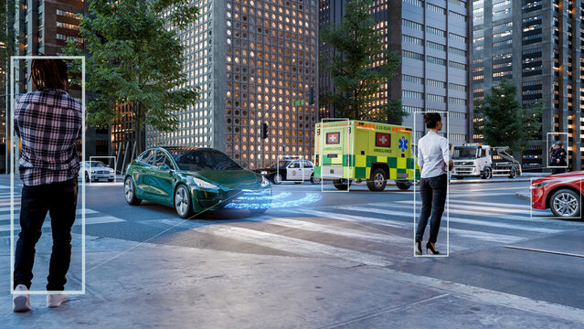 3D render of an urban crosswalk with an autonomous car approaching