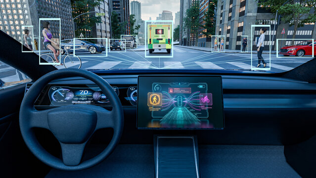 3D render of an Autonomous Electric Vehicle Interior with AI Object Detection in a Smart City