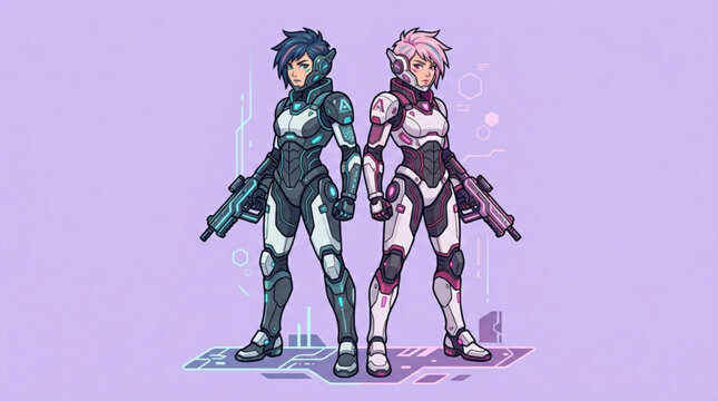 Two futuristic female soldiers in tactical armor standing back to back with sci fi weapons on a minimalist purple background for gaming concept art designs