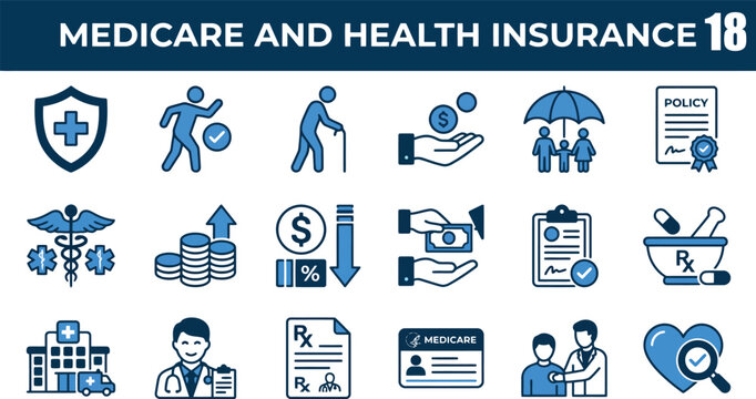 A comprehensive collection of blue and white icons illustrating various aspects of Medicare and health insurance, including medical care, financial transactions, policy documents, and patient services