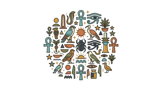 Ancient Egyptian Symbols Circle Design: Hieroglyphs, Animals, and Gods