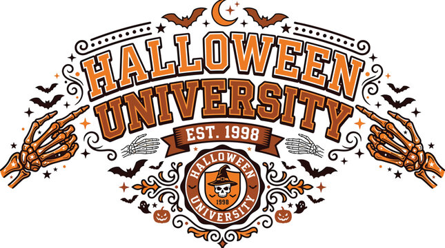 Halloween university logo with ghost and skeleton hands spooky halloween design