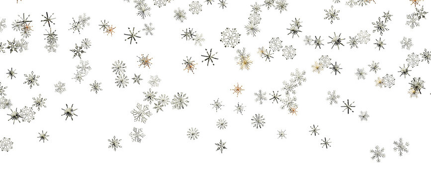 Delicate snowflakes gracefully falling and dancing on a clean white backdrop.