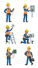 Fototapeta premium Electrician Team Working on Electrical Systems, Safety Gear Included