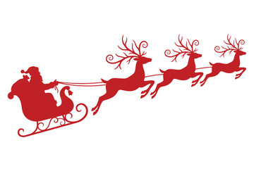 Red silhouette of santa claus in a sleigh pulled by three reindeer against a white background © Siddhartha