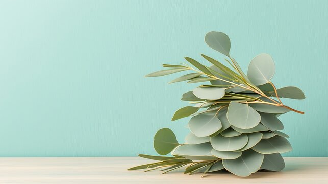 Eucalyptus leaves arrangement on mint background