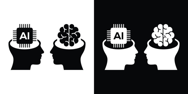 Human head with AI microchip and human brain side profile icons. Artificial intelligence versus human mind concept vector set.
