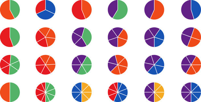 Colorful pie chart segments in various configurations and color combinations white