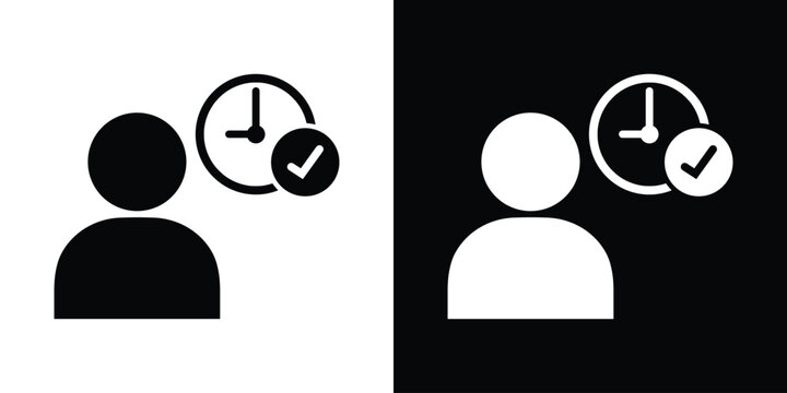 Simple person user icon with clock and checkmark check. Abstract time management, punctuality, and approved schedule symbol set.