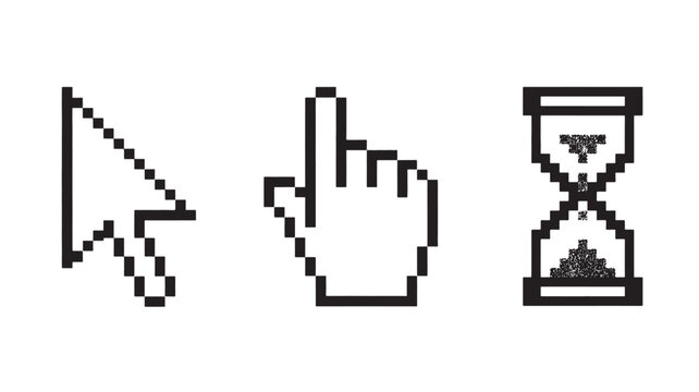 Hand Gesture Icons Set with Pixel Art Style, Pointing Hand and Hourglass Design Elements for Ui and Gaming Concepts