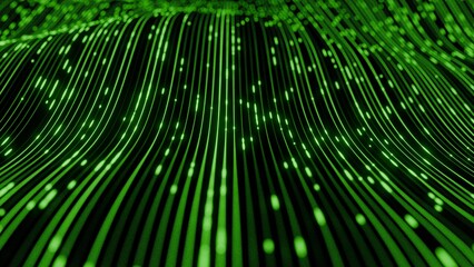 Abstract 3D digital green lines background. Clean horizontal fiber optic wavy data tracks with glowing green pulse particles representing matrix server tech and software network infrastructure. © Craig
