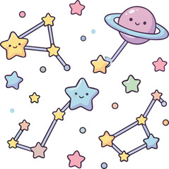 Cute constellation vector illustration set of pastel kawaii stars and saturn planet characters isolated on a clean white background for kids design © MSTARJINAAKTHER