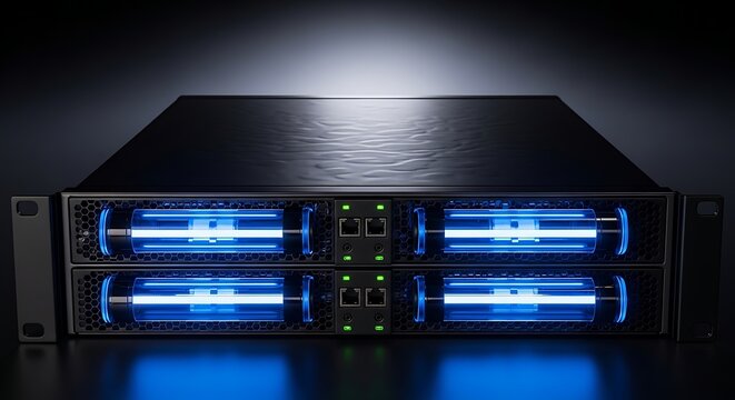 Black server with blue lights on front panel
