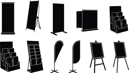 Minimalist black silhouettes of display stands including banner stands, brochure holders, flag banners, and easels © MstRozina