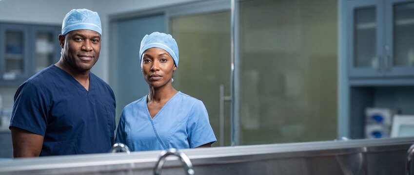 Black doctors surgical team portrait standing in hospital prep room, confident male and female African American healthcare professionals in blue uniforms, medical banner copy space.