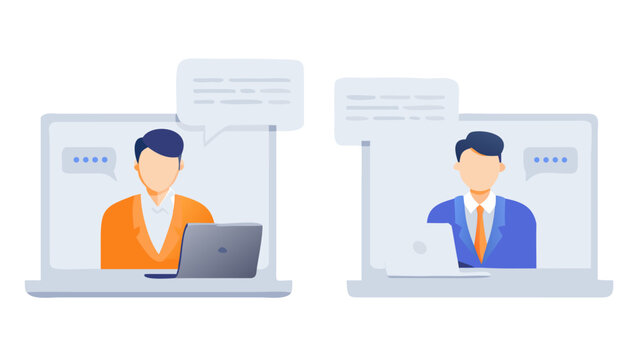 Two professionals communicating via video conference on laptops flat vector illustration business communication collaboration