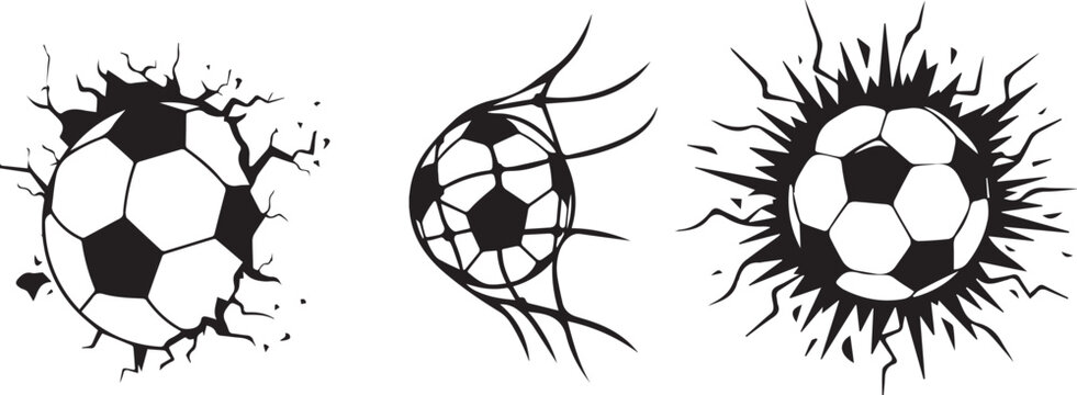 Black and white vector illustration set of soccer balls breaking through walls and hitting a goal net isolated on white background.