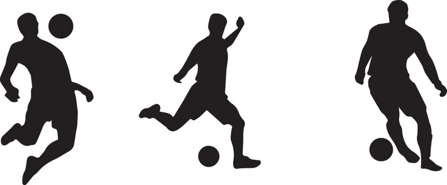 Black silhouettes set of soccer players kicking, heading, and dribbling a football ball isolated on white background. 