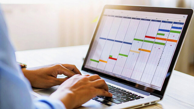 Business person typing on laptop with a colorful gantt chart for project management and planning